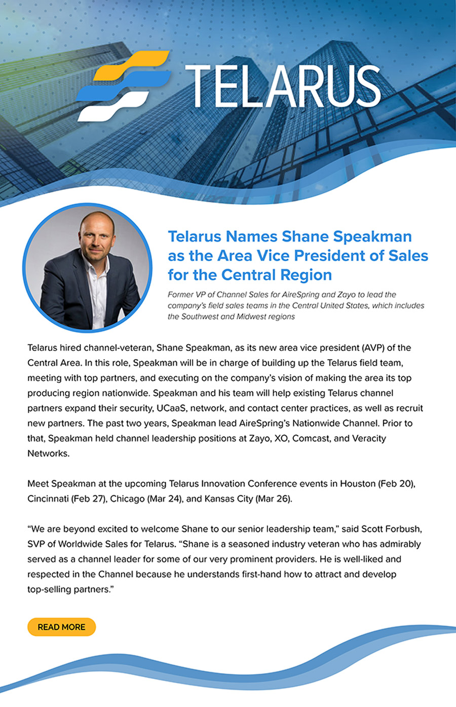 Telarus Names Shane Speakman the Area Vice President of Sales for the Central Region