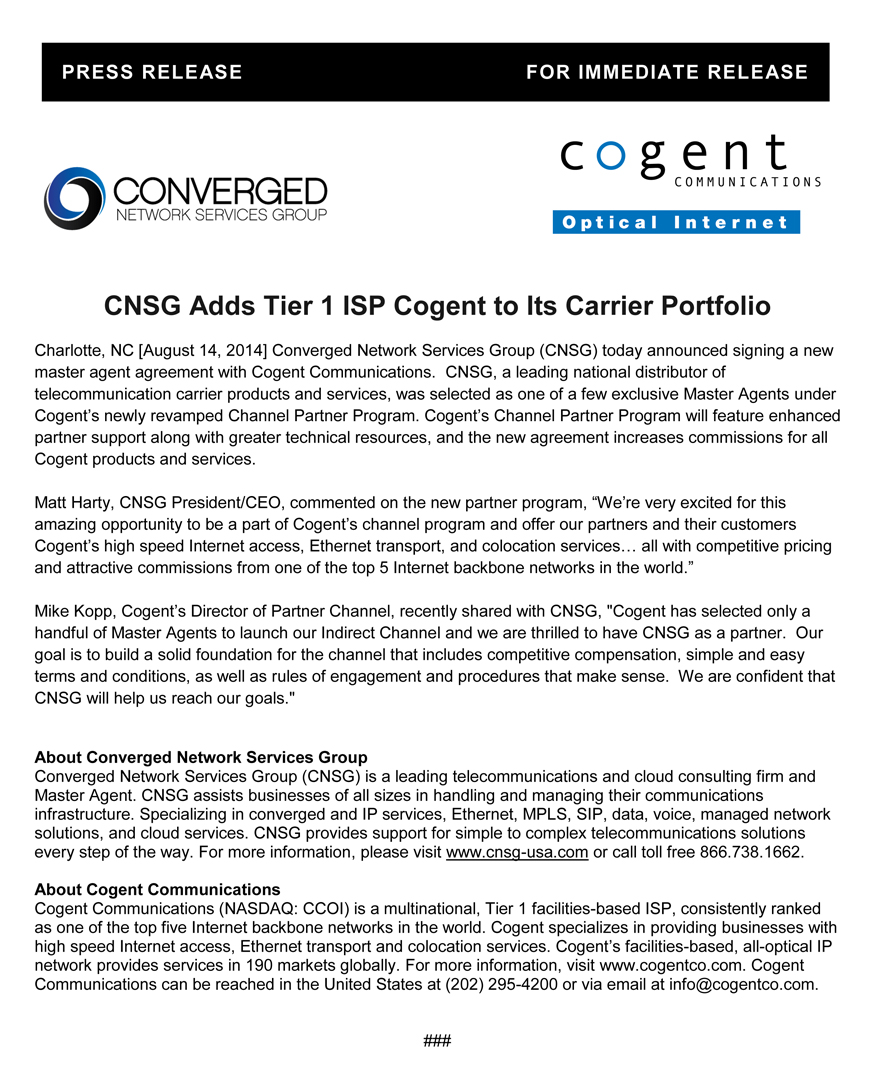 CNSG-Adds-Cogent-to-Partner Program 8-14 iAgent